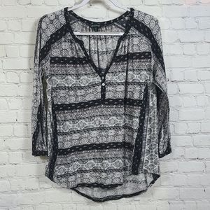 Lucky Brand Linen Paisley Popover Black White Tribal Stripe Henley Top  Blouse